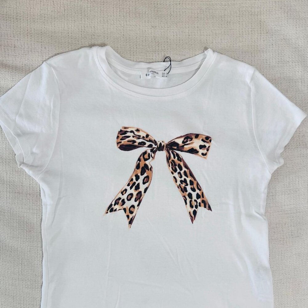 Stradivarius White T-Shirt with Leopard Print Bow – Size S – Short Sleeve Cotton